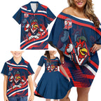 Roosters Rugby Mascot Family Matching Off Shoulder Short Dress and Hawaiian Shirt Fierce Athlete Graphic in Sports Style