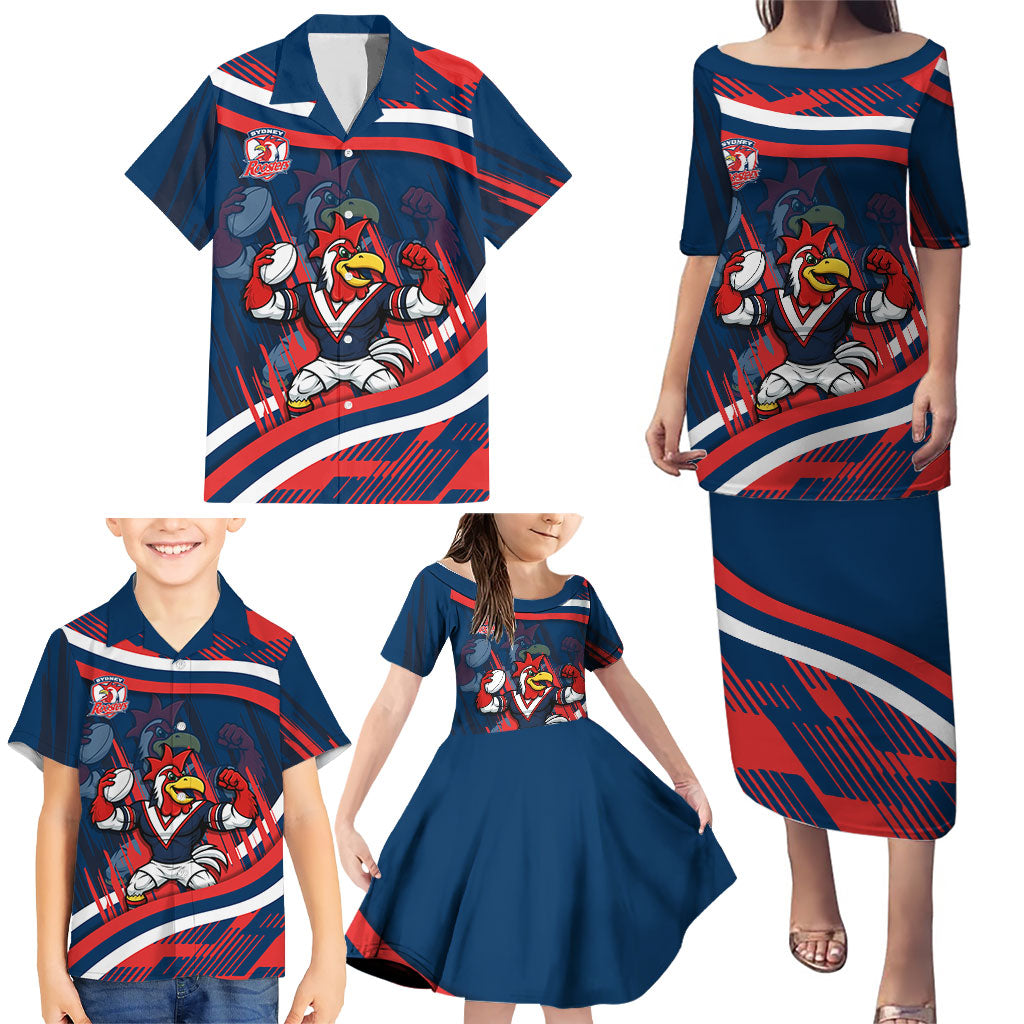 Roosters Rugby Mascot Family Matching Puletasi and Hawaiian Shirt Fierce Athlete Graphic in Sports Style