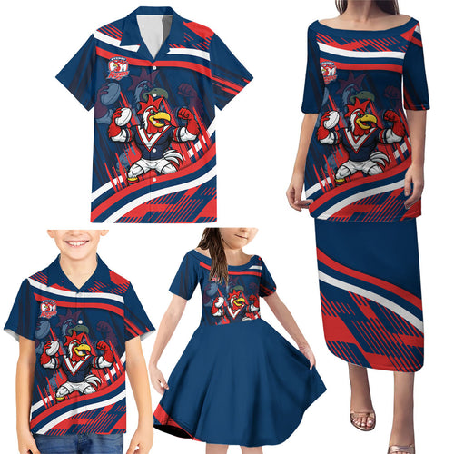 Roosters Rugby Mascot Family Matching Puletasi and Hawaiian Shirt Fierce Athlete Graphic in Sports Style