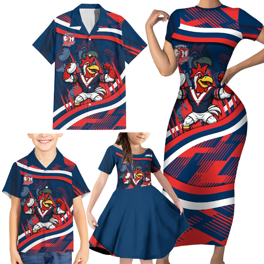 Roosters Rugby Mascot Family Matching Short Sleeve Bodycon Dress and Hawaiian Shirt Fierce Athlete Graphic in Sports Style