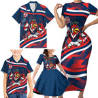 Roosters Rugby Mascot Family Matching Short Sleeve Bodycon Dress and Hawaiian Shirt Fierce Athlete Graphic in Sports Style