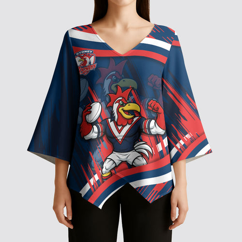 Roosters Rugby Mascot Kimono Sleeve Blouse Fierce Athlete Graphic in Sports Style