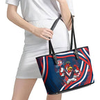 Roosters Rugby Mascot Leather Tote Bag Fierce Athlete Graphic in Sports Style