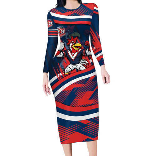 Roosters Rugby Mascot Long Sleeve Bodycon Dress Fierce Athlete Graphic in Sports Style