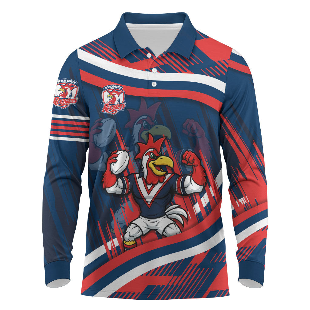Roosters Rugby Mascot Long Sleeve Polo Shirt Fierce Athlete Graphic in Sports Style