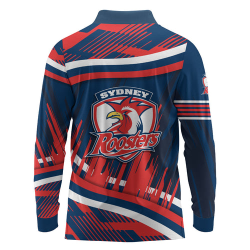 Roosters Rugby Mascot Long Sleeve Polo Shirt Fierce Athlete Graphic in Sports Style