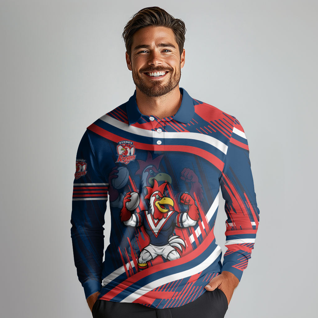 Roosters Rugby Mascot Long Sleeve Polo Shirt Fierce Athlete Graphic in Sports Style