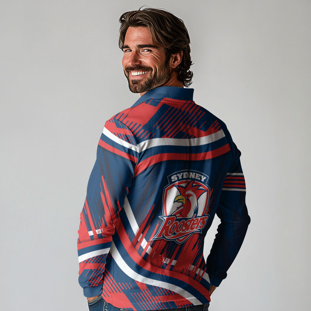 Roosters Rugby Mascot Long Sleeve Polo Shirt Fierce Athlete Graphic in Sports Style
