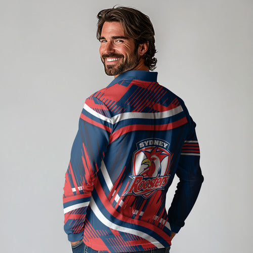 Roosters Rugby Mascot Long Sleeve Polo Shirt Fierce Athlete Graphic in Sports Style