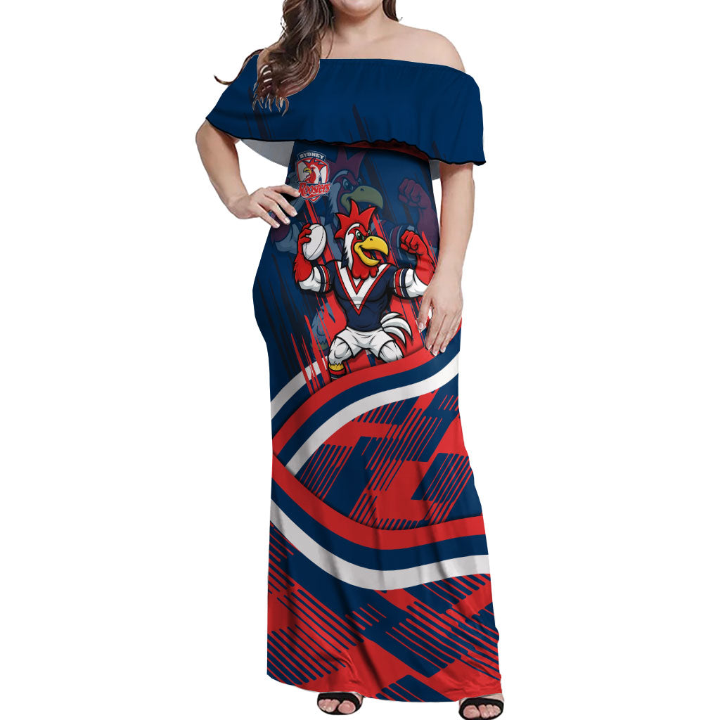 Roosters Rugby Mascot Off Shoulder Maxi Dress Fierce Athlete Graphic in Sports Style