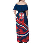 Roosters Rugby Mascot Off Shoulder Maxi Dress Fierce Athlete Graphic in Sports Style