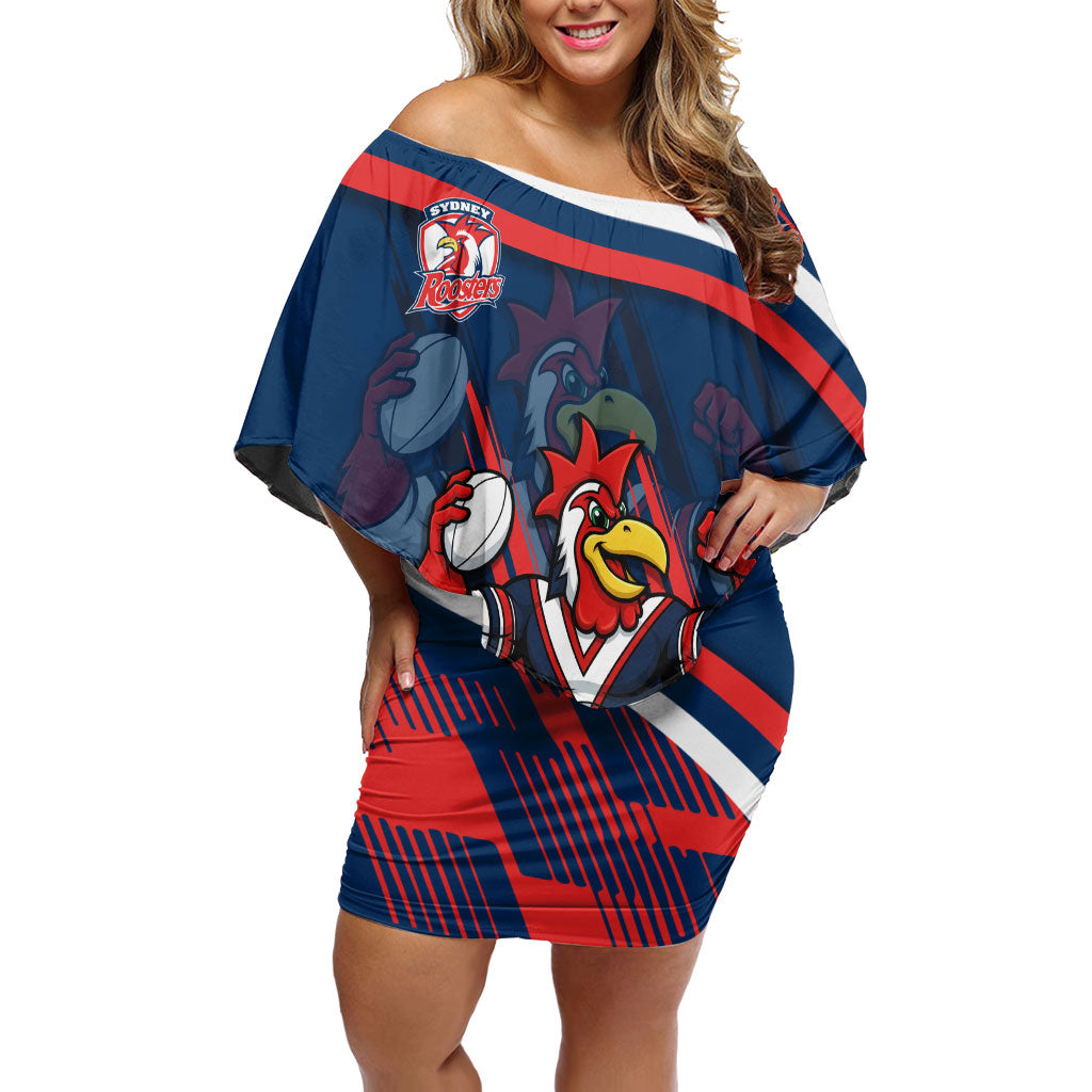 Roosters Rugby Mascot Off Shoulder Short Dress Fierce Athlete Graphic in Sports Style
