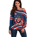 Roosters Rugby Mascot Off Shoulder Sweater Fierce Athlete Graphic in Sports Style