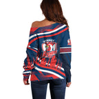 Roosters Rugby Mascot Off Shoulder Sweater Fierce Athlete Graphic in Sports Style