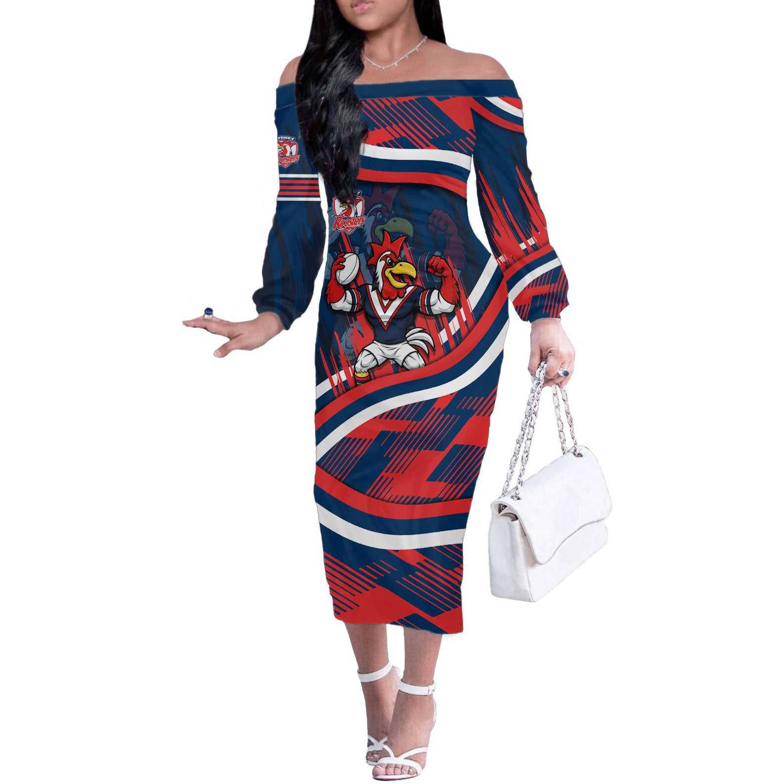 Roosters Rugby Mascot Off The Shoulder Long Sleeve Dress Fierce Athlete Graphic in Sports Style