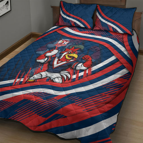 Roosters Rugby Mascot Quilt Bed Set Fierce Athlete Graphic in Sports Style