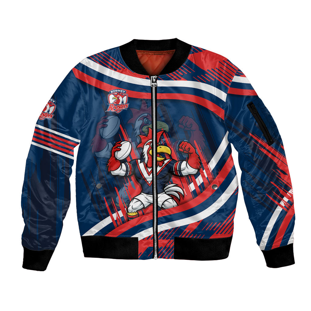 Roosters Rugby Mascot Sleeve Zip Bomber Jacket Fierce Athlete Graphic in Sports Style