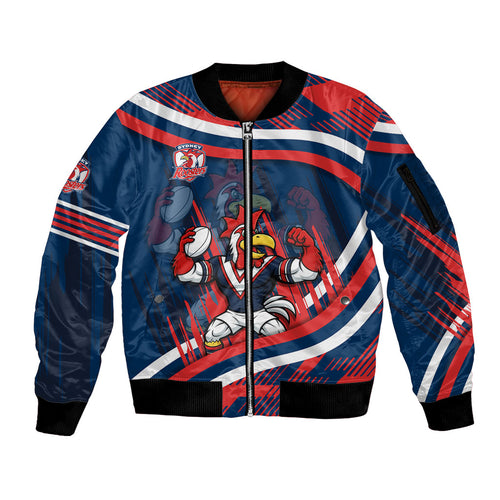Roosters Rugby Mascot Sleeve Zip Bomber Jacket Fierce Athlete Graphic in Sports Style