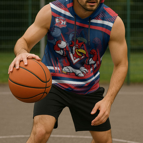 Roosters Rugby Mascot Sleeveless Hoodie Fierce Athlete Graphic in Sports Style