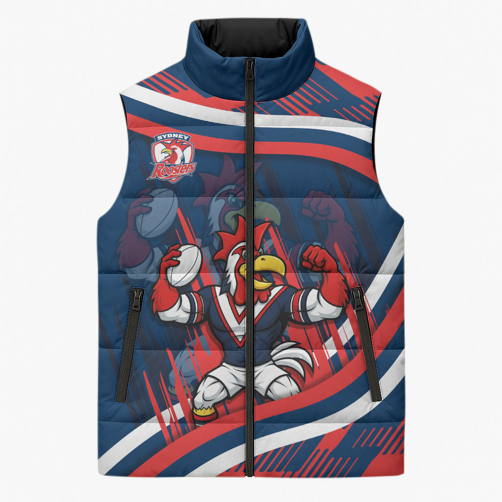 Roosters Rugby Mascot Sleeveless Puffer Jacket Fierce Athlete Graphic in Sports Style