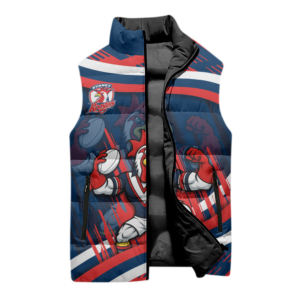 Roosters Rugby Mascot Sleeveless Puffer Jacket Fierce Athlete Graphic in Sports Style