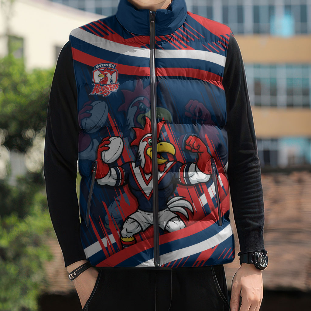 Roosters Rugby Mascot Sleeveless Puffer Jacket Fierce Athlete Graphic in Sports Style