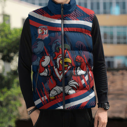 Roosters Rugby Mascot Sleeveless Puffer Jacket Fierce Athlete Graphic in Sports Style