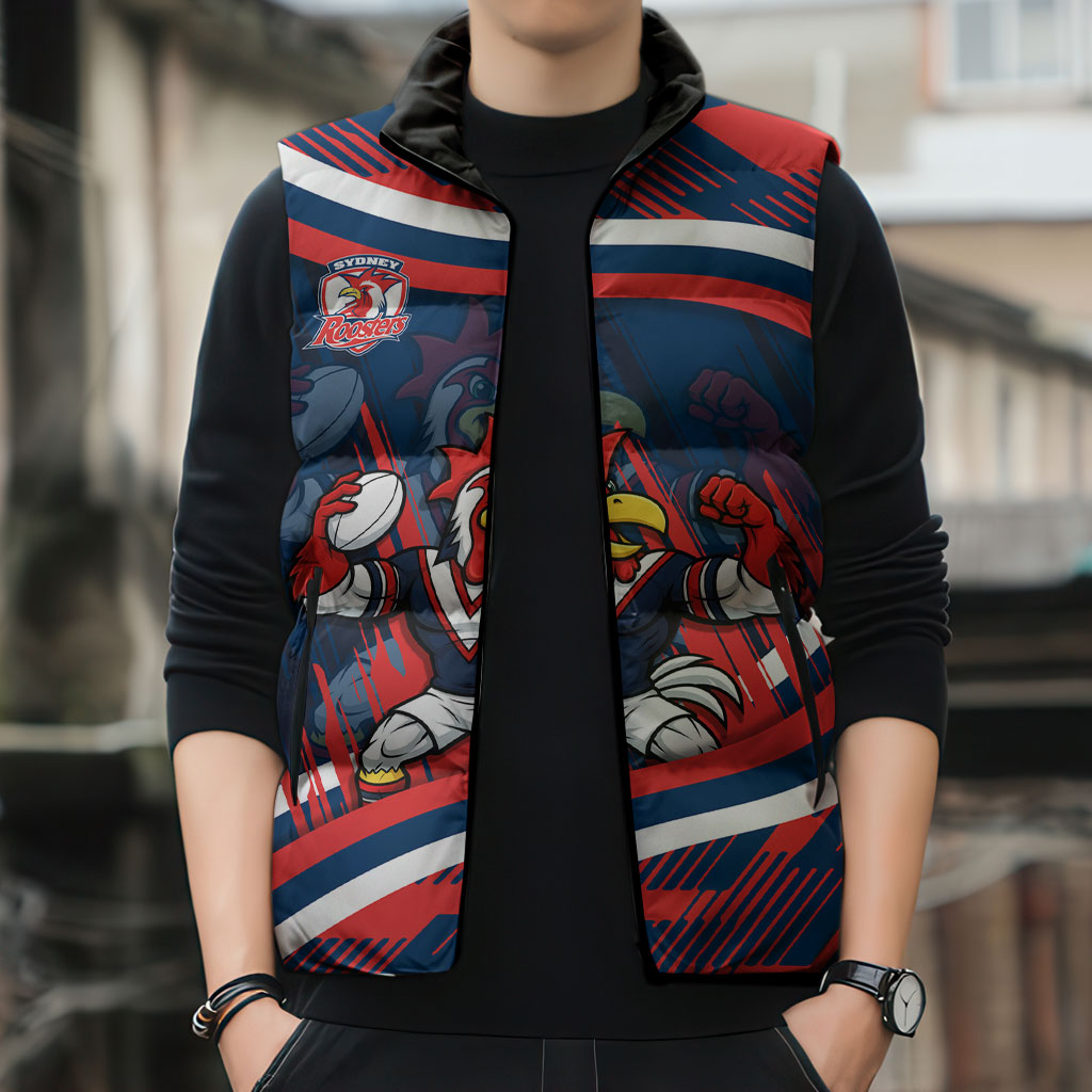 Roosters Rugby Mascot Sleeveless Puffer Jacket Fierce Athlete Graphic in Sports Style