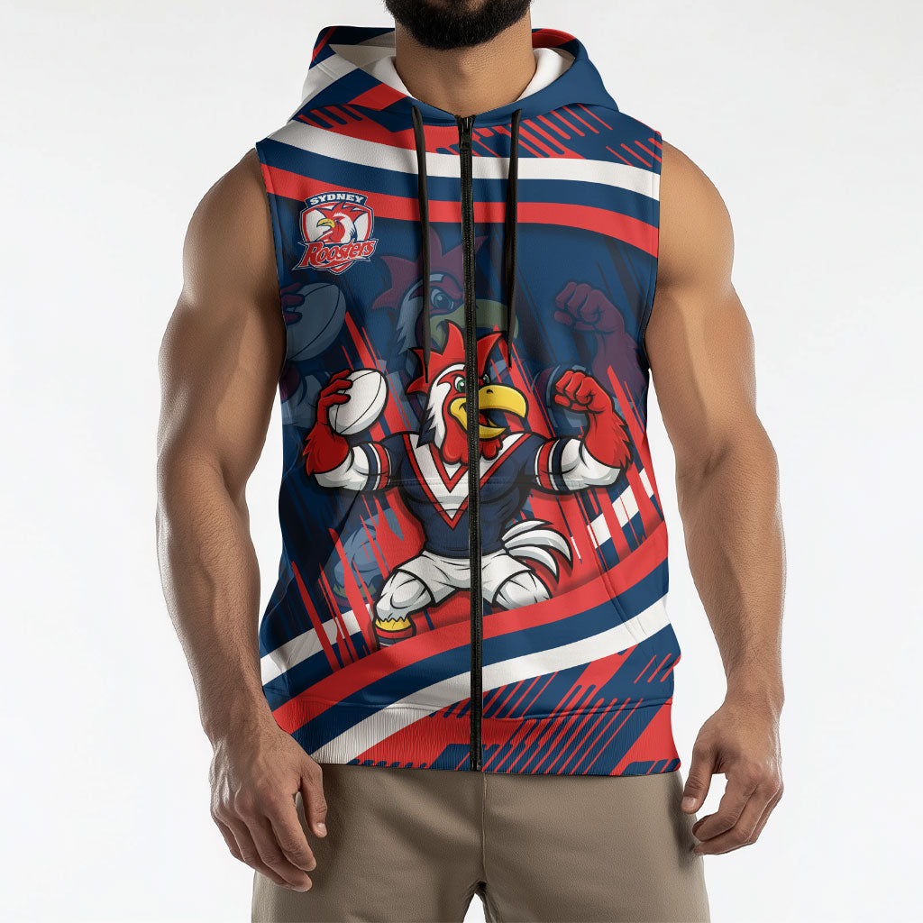 Roosters Rugby Mascot Sleeveless Zip Hoodie Fierce Athlete Graphic in Sports Style