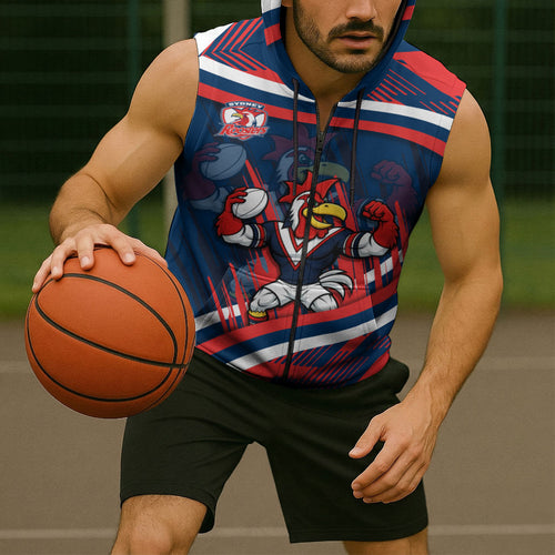 Roosters Rugby Mascot Sleeveless Zip Hoodie Fierce Athlete Graphic in Sports Style