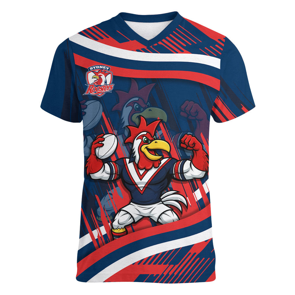 Roosters Rugby Mascot Women V-Neck T-Shirt Fierce Athlete Graphic in Sports Style
