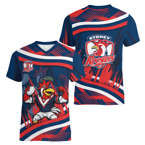 Roosters Rugby Mascot Women V-Neck T-Shirt Fierce Athlete Graphic in Sports Style