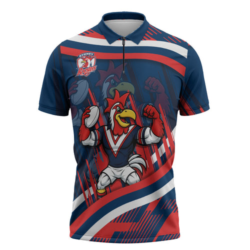 Roosters Rugby Mascot Zipper Polo Shirt Fierce Athlete Graphic in Sports Style