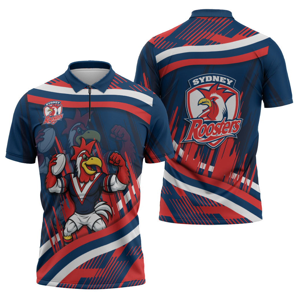 Roosters Rugby Mascot Zipper Polo Shirt Fierce Athlete Graphic in Sports Style