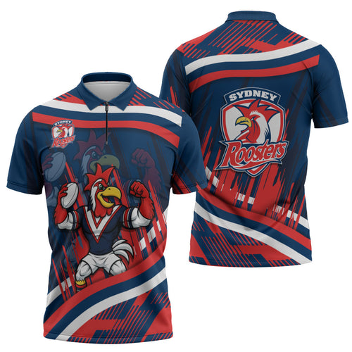 Roosters Rugby Mascot Zipper Polo Shirt Fierce Athlete Graphic in Sports Style