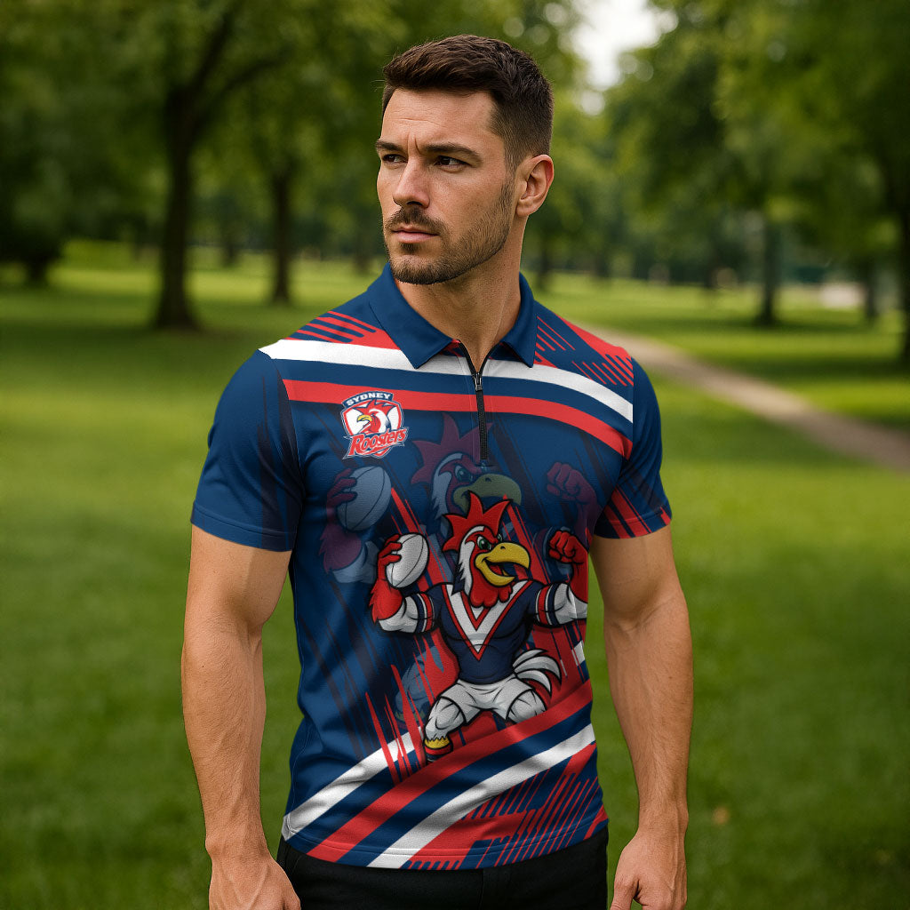 Roosters Rugby Mascot Zipper Polo Shirt Fierce Athlete Graphic in Sports Style