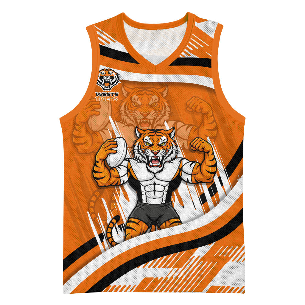 Wests Tigers Rugby Mascot Basketball Jersey Fierce Athlete Graphic in Sports Style