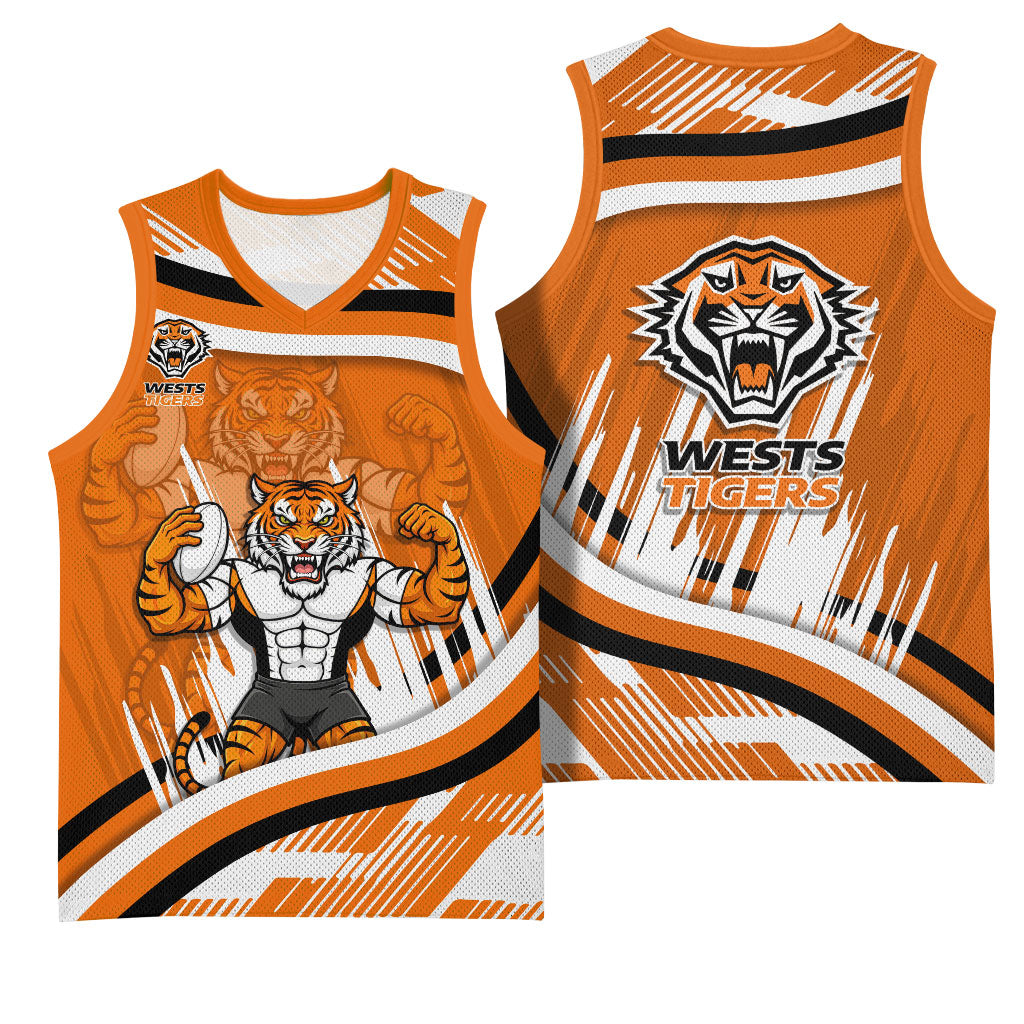 Wests Tigers Rugby Mascot Basketball Jersey Fierce Athlete Graphic in Sports Style