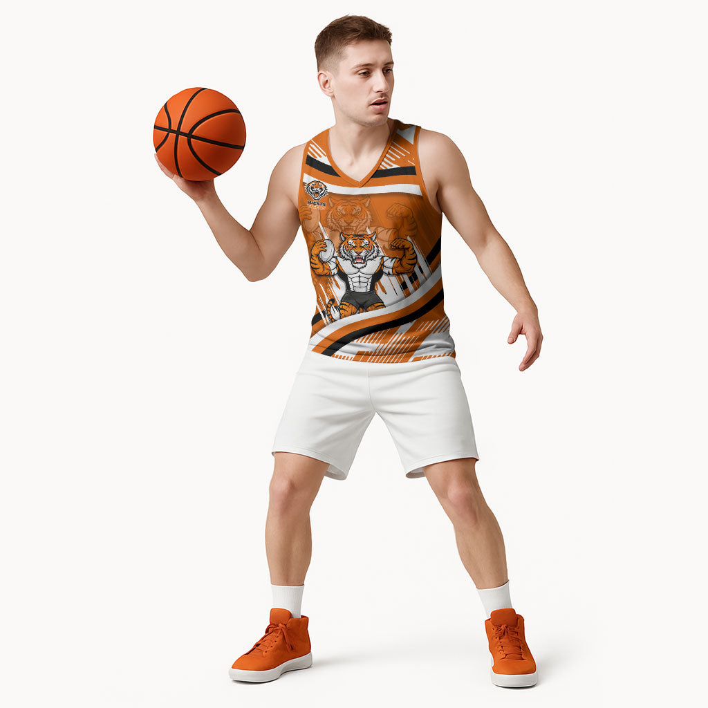 Wests Tigers Rugby Mascot Basketball Jersey Fierce Athlete Graphic in Sports Style