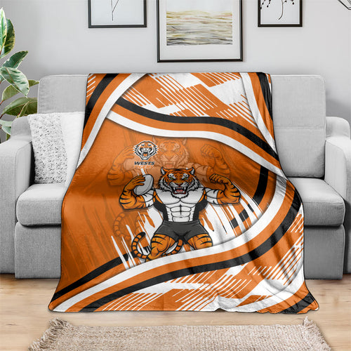 Wests Tigers Rugby Mascot Blanket Fierce Athlete Graphic in Sports Style