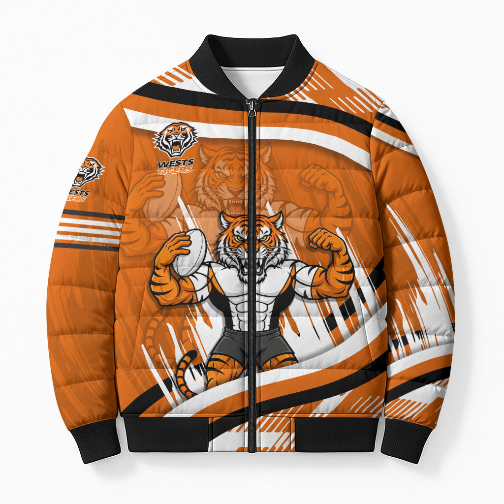 Wests Tigers Rugby Mascot Bomber Puffer Jacket Fierce Athlete Graphic in Sports Style