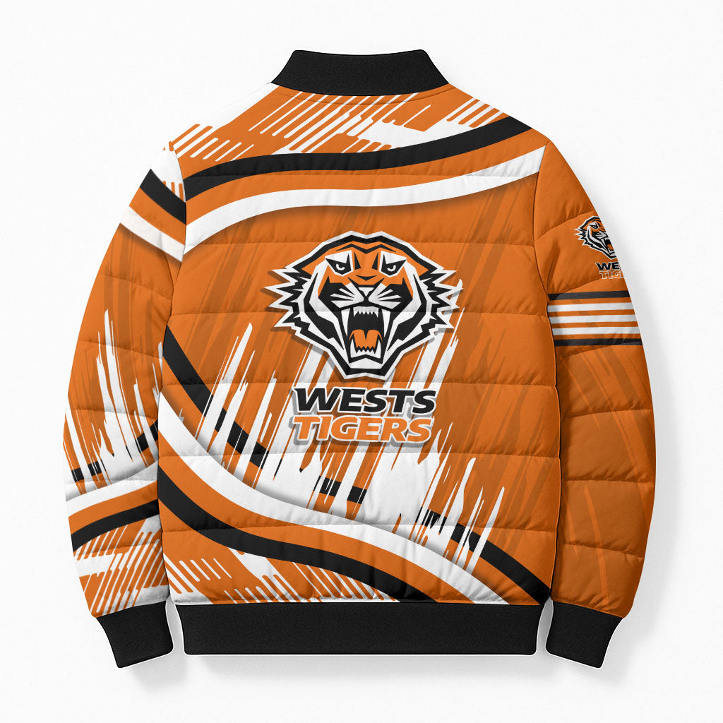 Wests Tigers Rugby Mascot Bomber Puffer Jacket Fierce Athlete Graphic in Sports Style