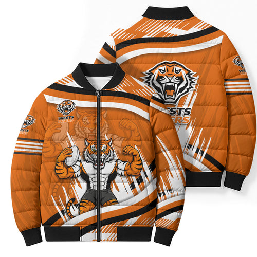 Wests Tigers Rugby Mascot Bomber Puffer Jacket Fierce Athlete Graphic in Sports Style