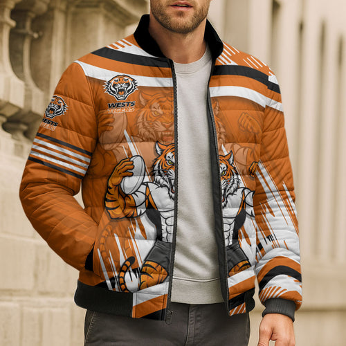 Wests Tigers Rugby Mascot Bomber Puffer Jacket Fierce Athlete Graphic in Sports Style