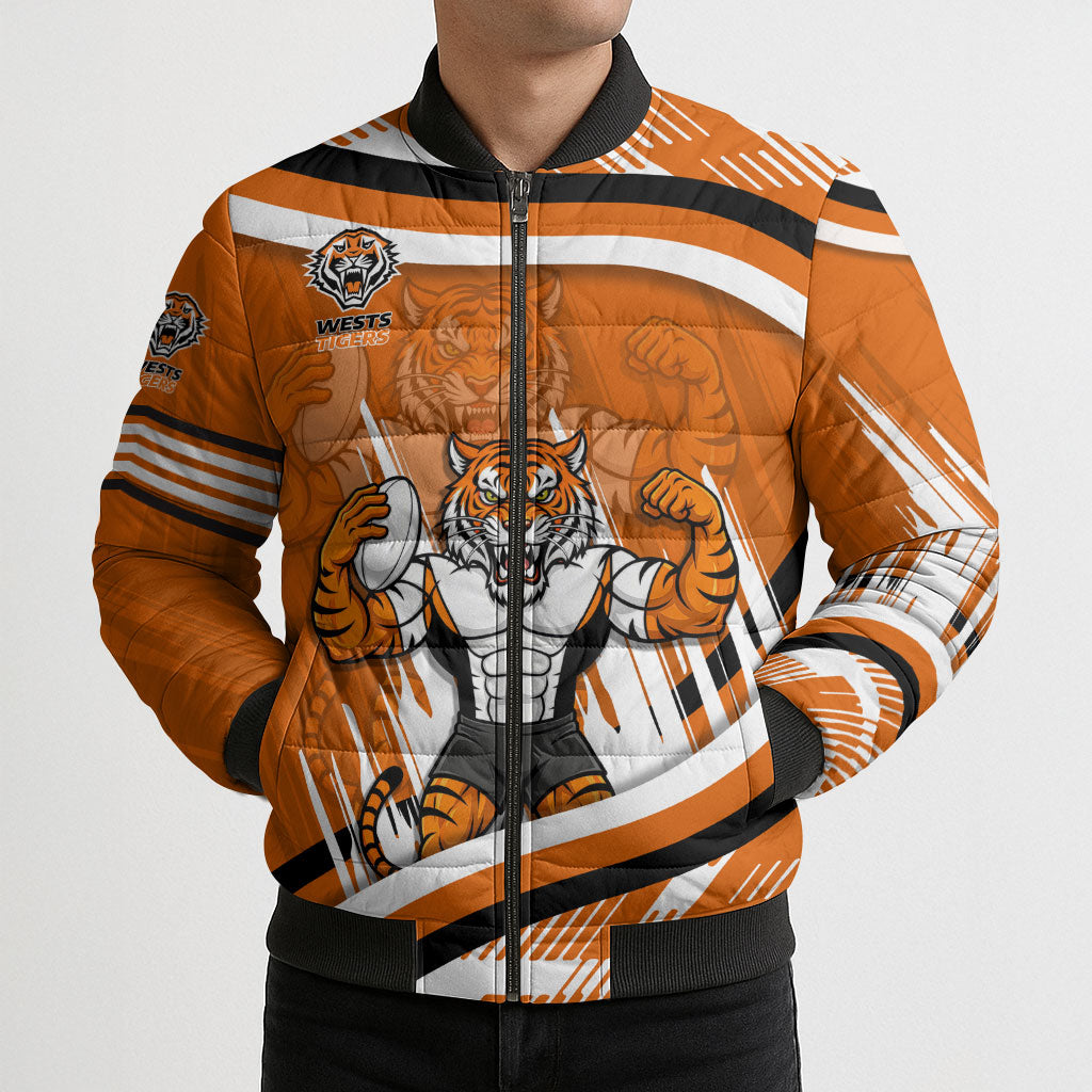 Wests Tigers Rugby Mascot Bomber Puffer Jacket Fierce Athlete Graphic in Sports Style