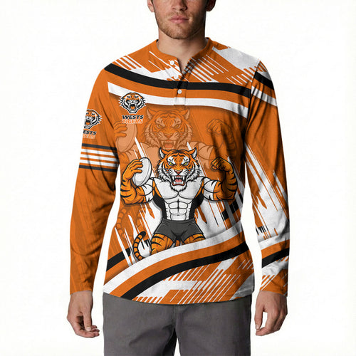 Wests Tigers Rugby Mascot Button Sweatshirt Fierce Athlete Graphic in Sports Style