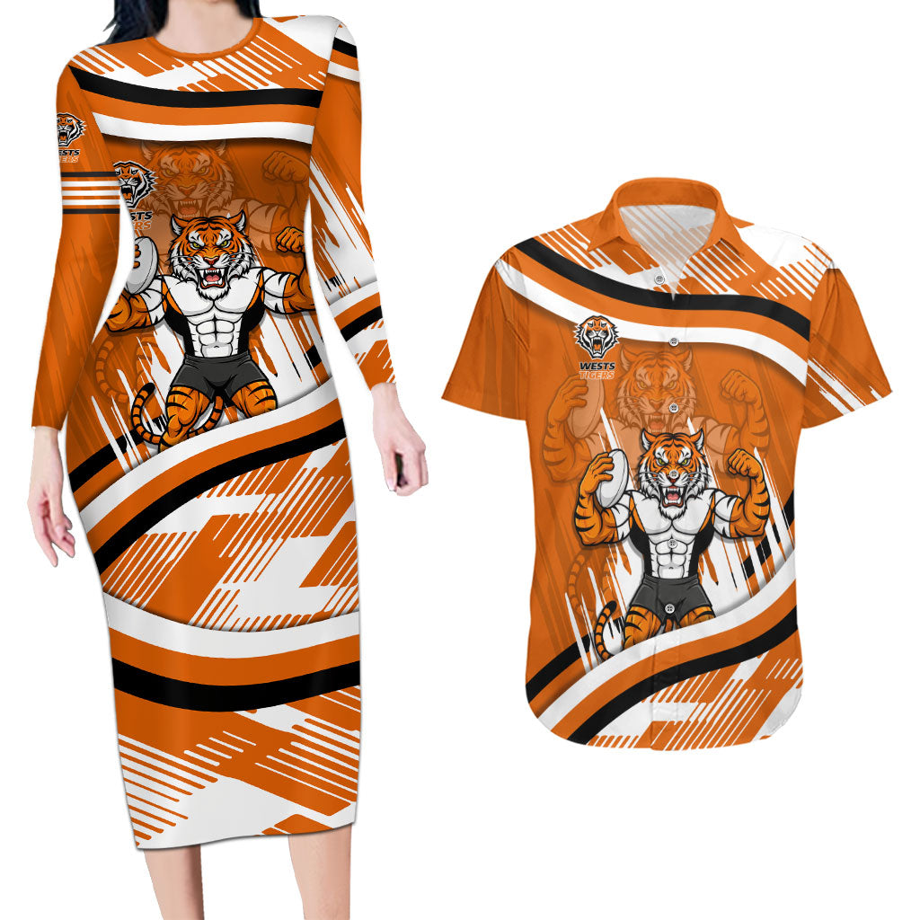 Wests Tigers Rugby Mascot Couples Matching Long Sleeve Bodycon Dress and Hawaiian Shirt Fierce Athlete Graphic in Sports Style