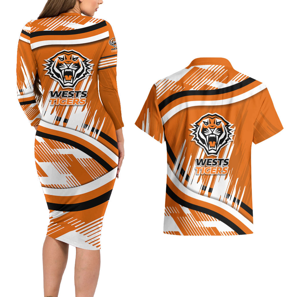 Wests Tigers Rugby Mascot Couples Matching Long Sleeve Bodycon Dress and Hawaiian Shirt Fierce Athlete Graphic in Sports Style