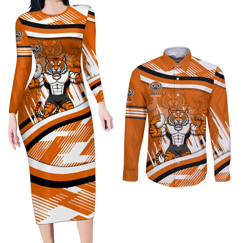 Wests Tigers Rugby Mascot Couples Matching Long Sleeve Bodycon Dress and Long Sleeve Button Shirt Fierce Athlete Graphic in Sports Style