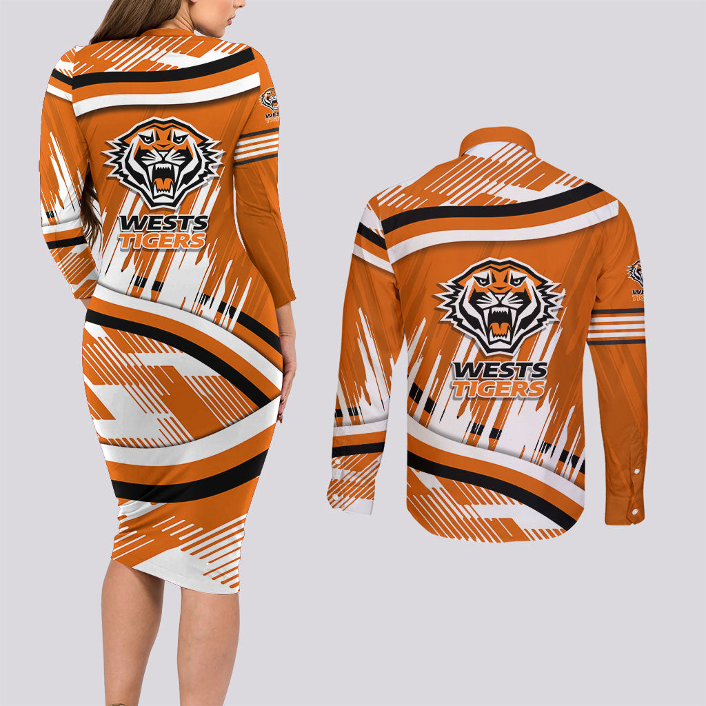 Wests Tigers Rugby Mascot Couples Matching Long Sleeve Bodycon Dress and Long Sleeve Button Shirt Fierce Athlete Graphic in Sports Style